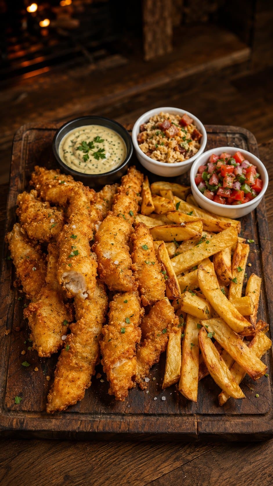 Iscas de tilápia com batata frita e molho de ervas